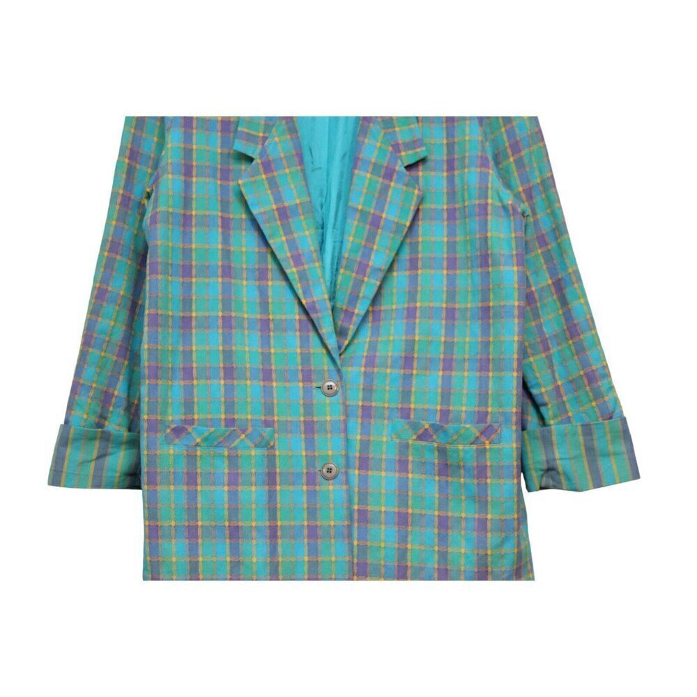 Vintage 80s 90s Blazer Large Multicolor Plaid Preppy Classic 100% Cotton USA - Picture 3 of 13
